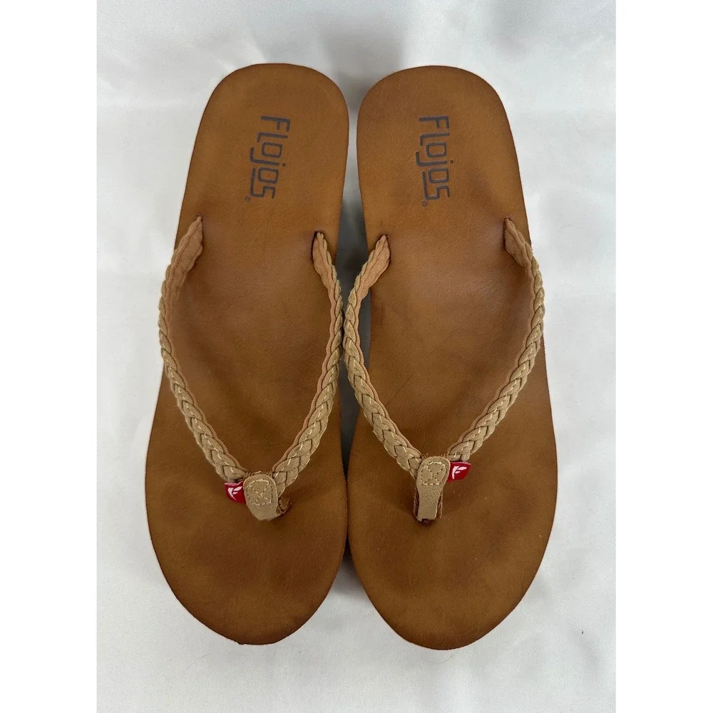 Flojos Hayley Wedge Flip Flops Women 8 Tan Braided Platform Summer Sandals 184